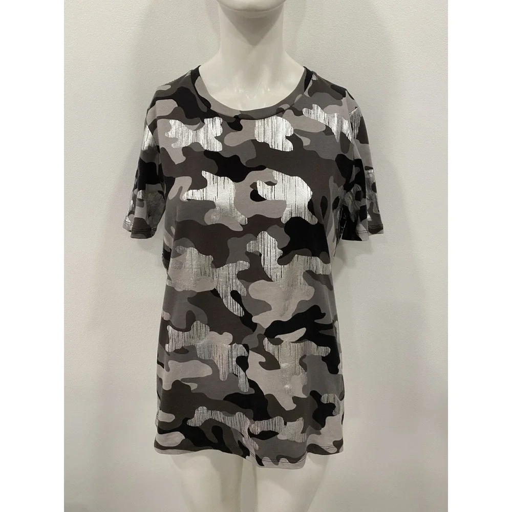 Michael Kors Womens T-Shirt P/S Black Silver Camo Foil‎ Logo Tee Top Street Glam
